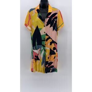 OLIVACIOUS Women's Yellow-Multicolor Tropical Print Button-Up Shirt Dress SZ M